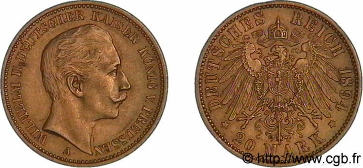 ALLEMAGNE - ROYAUME DE PRUSSE - GUILLAUME II 20 marks or, 2e type 1894 Berlin SUP 