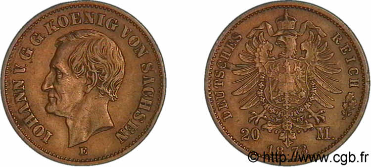 GERMANY - KINGDOM OF SAXONY - JOHN 20 marks or, 1er type 1873 Dresde XF 