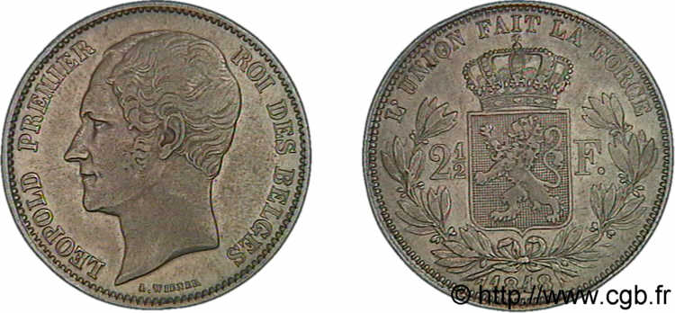 BELGIQUE - ROYAUME DE BELGIQUE - LÉOPOLD Ier 2 1/2 francs 2e type, grosse tête nue 1848 Bruxelles TTB 