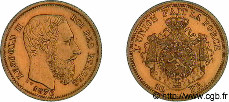 BELGIQUE - ROYAUME DE BELGIQUE - LÉOPOLD II Essai de 10 francs or 1870 Bruxelles FDC 