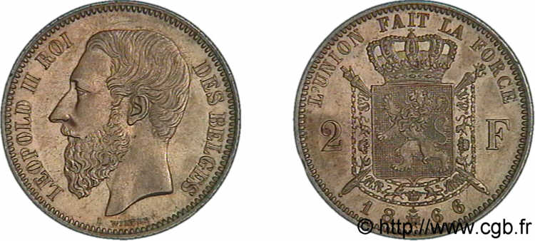 BELGIQUE - ROYAUME DE BELGIQUE - LÉOPOLD II 2 francs 1866 Bruxelles SUP 