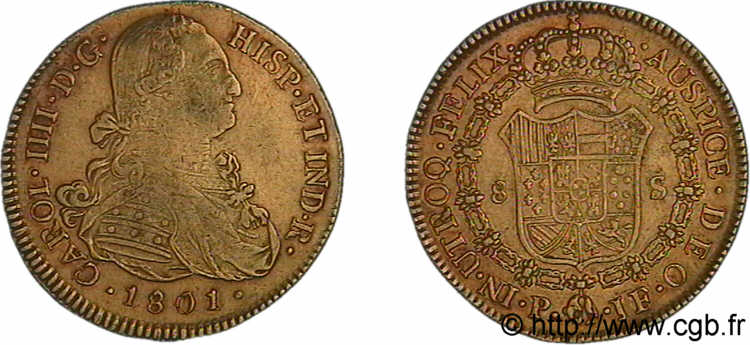COLOMBIE - CHARLES IV 8 escudos en or 1801 Popayan TTB 