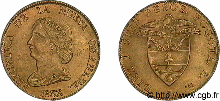 COLOMBIE - RÉPUBLIQUE DE NOUVELLE GRENADE 16 pesos en or 1837 Bogota SUP 