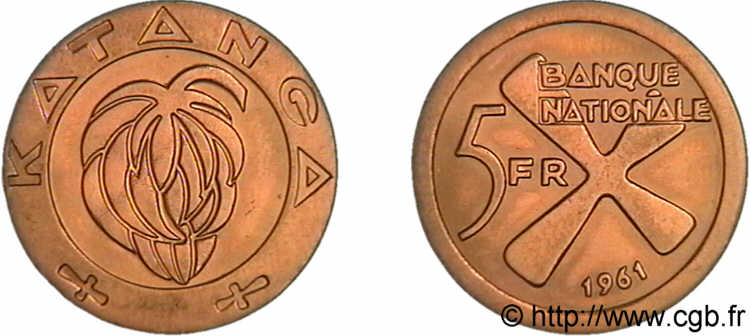 CONGO - PROVINCE DU KATANGA 5 francs or 1961  VZ 