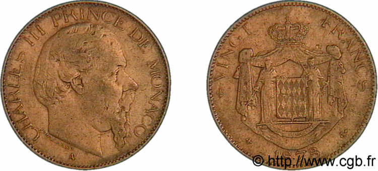 MONACO - PRINCIPALITY OF MONACO - CHARLES III 20 francs or 1878 Paris VF 
