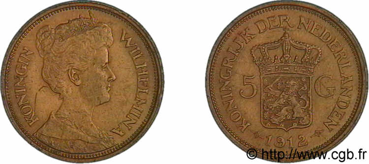 PAYS-BAS - ROYAUME DES PAYS-BAS - WILHELMINE 5 gulden 1912 Utrecht TTB 