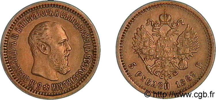 RUSSIE - ALEXANDRE III 5 roubles or, (20 francs or) 1889 Saint-Pétersbourg TTB 