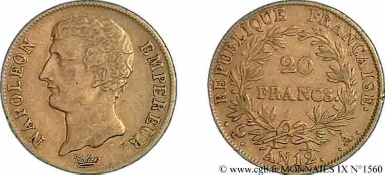 20 Francs or, Napoléon empereur buste intermédiaire 1804 Paris F.511/1 MBC 