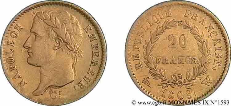 20 francs Napoléon tête laurée, République française 1808 Lille F.515/8 SS 