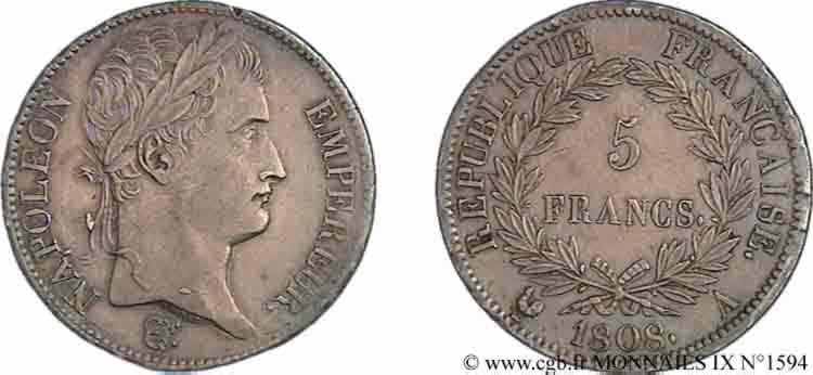 5 francs Napoléon empereur, République française 1808 Paris F.306/2 SUP 