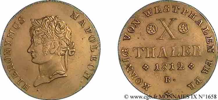 ALLEMAGNE - ROYAUME DE WESTPHALIE - JÉRÔME NAPOLÉON 10 thaler en or, tête laurée 1812 Brunswick TTB 