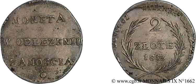 POLOGNE - GRAND DUCHÉ DE VARSOVIE - ZAMOSC 2 zlote 1er type, monnaie obsidionale 1813 Zamosc TTB 