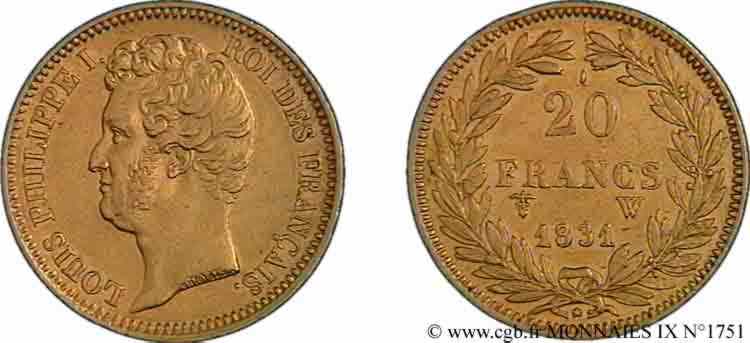 20 francs or Louis-Philippe, Tiolier, tranche inscrite en relief 1831 Lille F.525/5 SUP 
