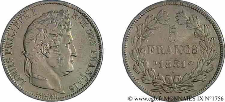 5 francs Ier type Domard, tranche en creux 1831 Lyon F.319/2 XF 