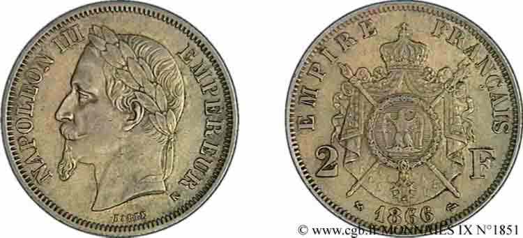 2 francs Napoléon III tête laurée  1866 Bordeaux F.263/4 TTB 