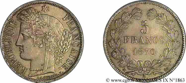 5 francs Cérès sans légende 1870  Paris F.332/1 VZ 