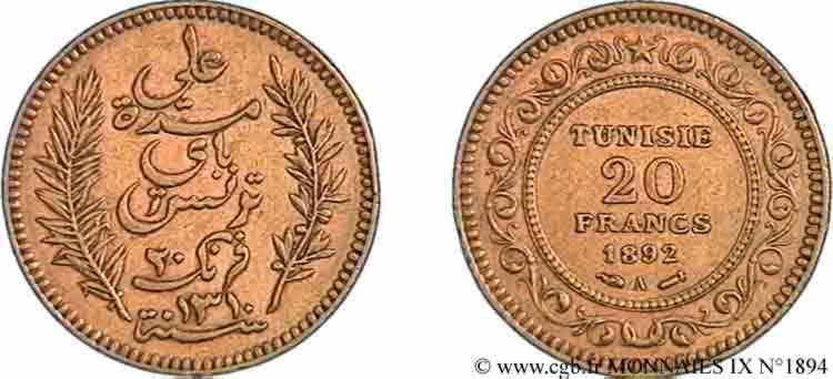 TUNISIE - PROTECTORAT FRANÇAIS - ALI BEY 20 francs or 1892 Paris TTB 
