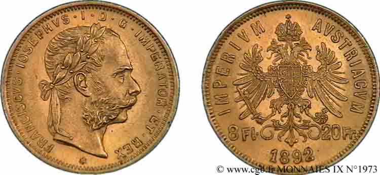 AUTRICHE - FRANÇOIS-JOSEPH Ier 8 florins ou 20 francs or 1892 Vienne SPL 
