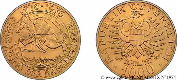 AUTRICHE - RÉPUBLIQUE 1000 schillings en or (jaune), millénaire de l Autriche 1976 Vienne FDC 