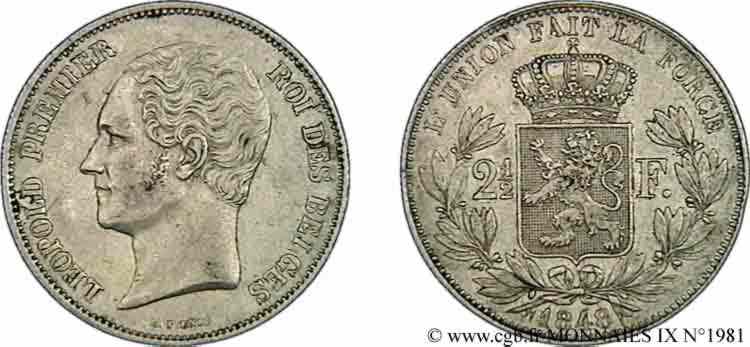 BELGIQUE - ROYAUME DE BELGIQUE - LÉOPOLD Ier 2 1/2 francs 2e type, petite tête nue 1848 Bruxelles TTB 