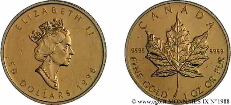 CANADA - ÉLISABETH II 50 dollars or  maple leaf  1998  SPL 