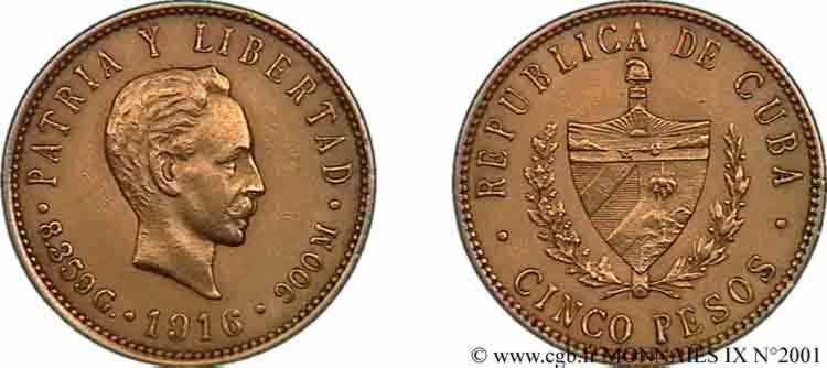 CUBA - RÉPUBLIQUE 5 pesos en or 1916 Philadelphie TTB 