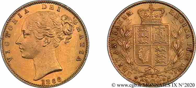 GRANDE BRETAGNE - VICTORIA Souverain (Sovereign), type 2, grosse tête, signature en creux 1866 Londres SPL 