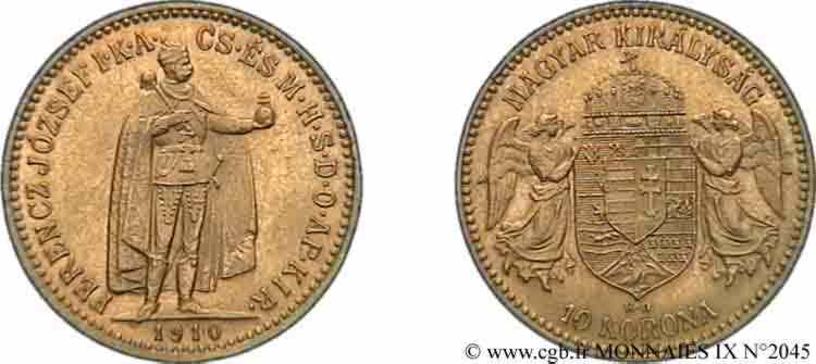HONGRIE - ROYAUME DE HONGRIE - FRANÇOIS-JOSEPH Ier 10 korona en or 1910 KB, Kremnitz SUP 