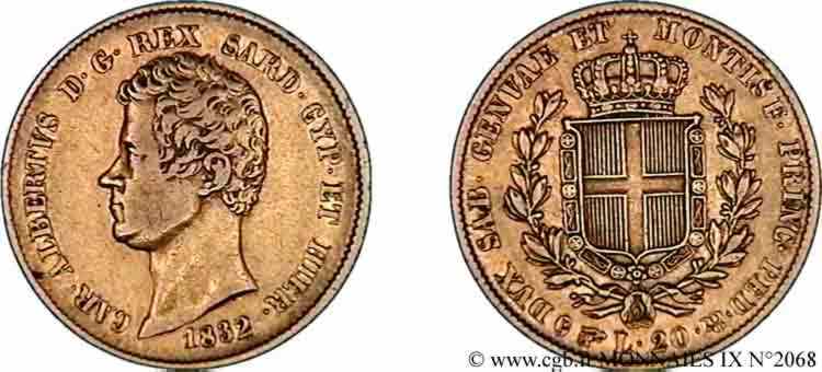 ITALIE - ROYAUME DE SARDAIGNE - CHARLES-ALBERT 20 lires or 1832 Turin TTB 