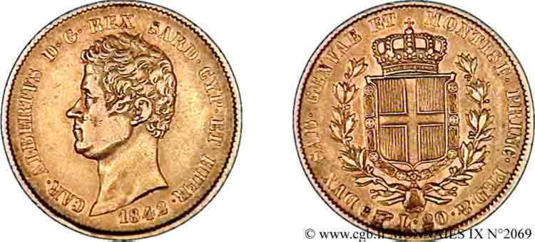 ITALIE - ROYAUME DE SARDAIGNE - CHARLES-ALBERT 20 lires or 1842 Turin TTB 