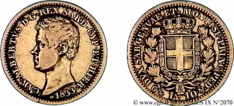 ITALIE - ROYAUME DE SARDAIGNE - CHARLES-ALBERT 10 lires or 1833 Gênes TB 