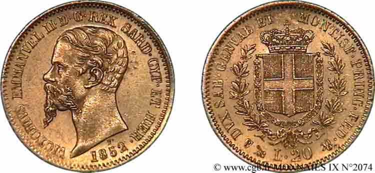 ITALIE - ROYAUME D ITALIE - VICTOR-EMMANUEL II 20 lires or 1852 Gênes TTB 