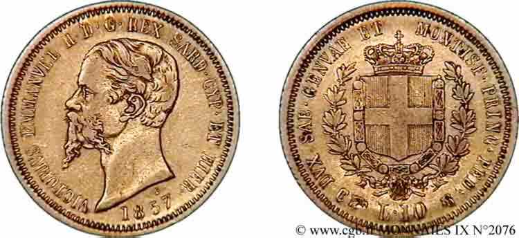 ITALIE - ROYAUME D ITALIE - VICTOR-EMMANUEL II 10 lires or 1857 Turin TTB 