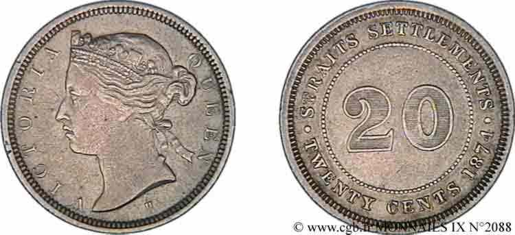 MALAISIE - ÉTABLISSEMENTS DES DÉTROITS - VICTORIA 20 cents 1874 Birmingham TTB 