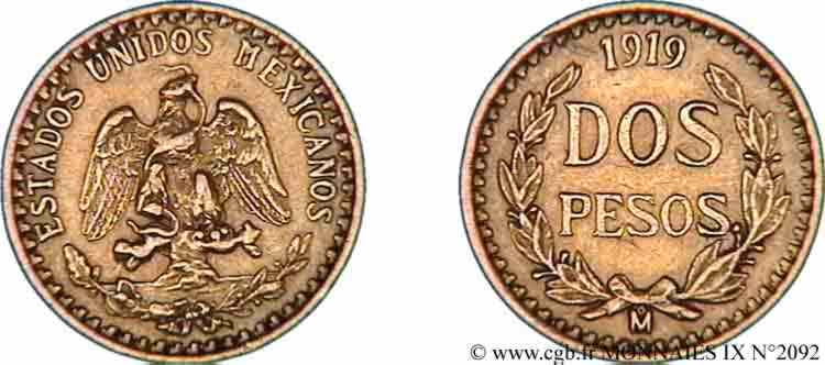MEXIQUE - RÉPUBLIQUE 2 pesos or 1919 Mexico, M° TTB 