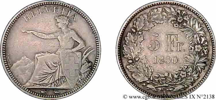 SUISSE - CONFEDERATION 5 francs 1850 Paris TTB 