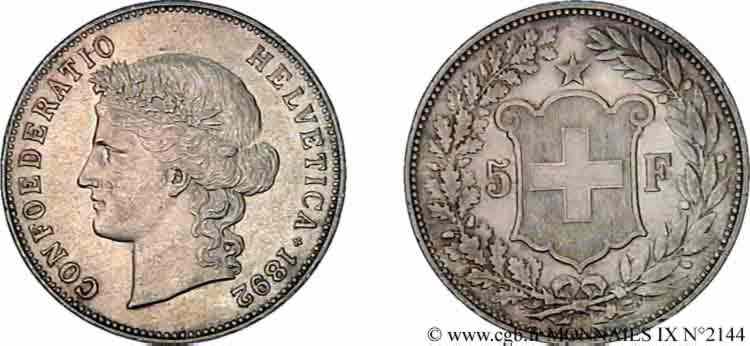SUISSE - CONFÉDÉRATION HELVÉTIQUE 5 francs 1892 Berne TB 