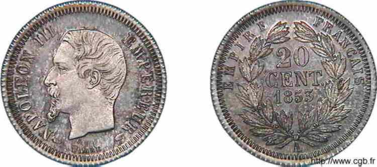 20 centimes Napoléon III, tête nue, listel large, Frappe d épreuve 1853 Paris F./ MS 
