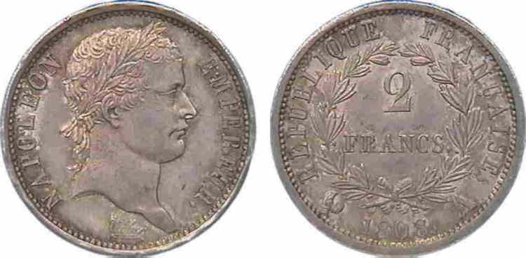 2 francs Napoléon Ier tête laurée, République française 1808 Paris F.254/3 MS 
