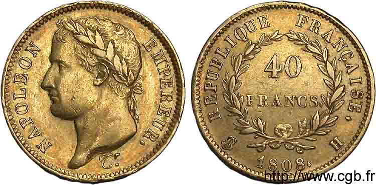 40 francs or Napoléon tête laurée, République française 1808 La Rochelle F.540/3 SS 