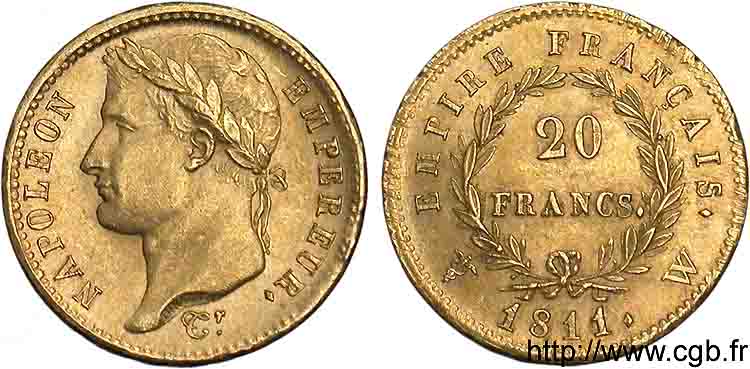 20 francs or Napoléon, tête laurée, Empire français 1811 Lille F.516/21 AU