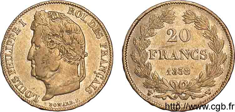 20 francs Louis-Philippe, Domard 1838 Lille F.527/19 XF 