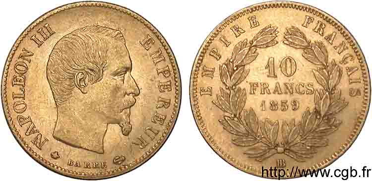 10 francs Napoléon III tête nue 1859 Strasbourg F.506/8 XF