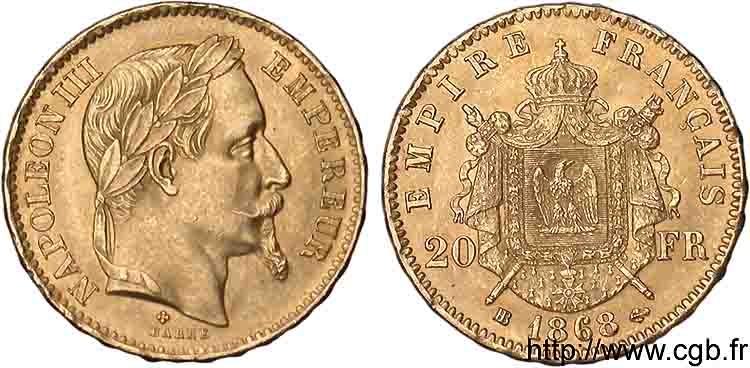 20 francs or Napoléon III tête laurée 1868 Strasbourg F.532/19 AU