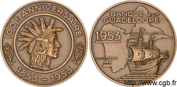 QUATRIÈME RÉPUBLIQUE Médaille Br 59 centenaire de la Banque de la Guadeloupe 1953 Paris FDC 