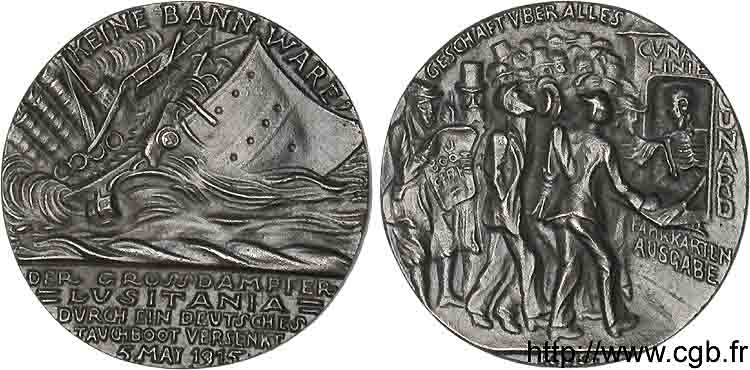 ALLEMAGNE - ROYAUME DE PRUSSE - GUILLAUME II Médaille Naufrage du Lusitania 1915  SUP 