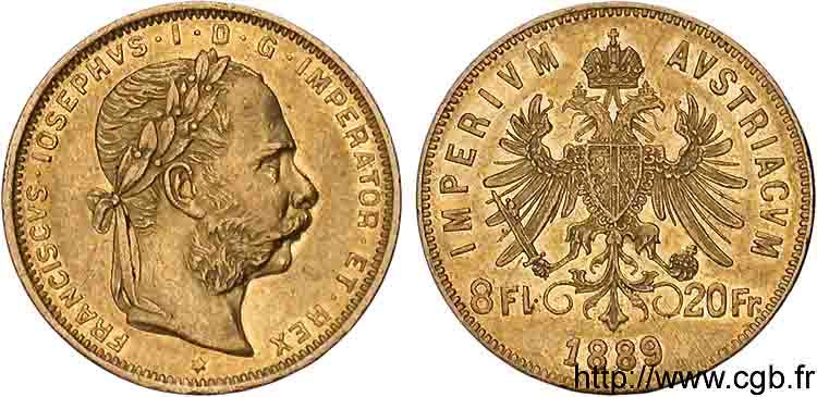 AUTRICHE - FRANÇOIS-JOSEPH Ier 8 florins ou 20 francs or 1889 Vienne SPL 