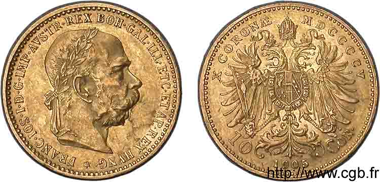 AUTRICHE - FRANÇOIS-JOSEPH Ier 10 corona en or, 1er type 1905 Vienne SUP 