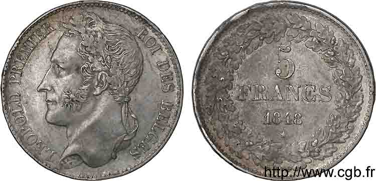 BELGIQUE - ROYAUME DE BELGIQUE - LÉOPOLD Ier 5 francs tête laurée, tranche en relief 1848 Bruxelles TTB 
