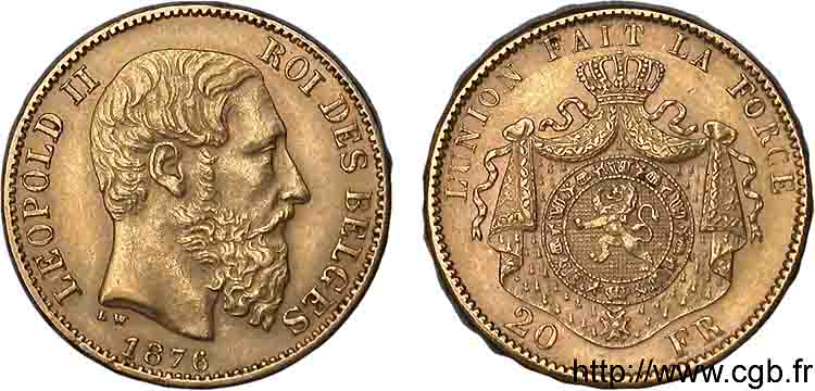 BELGIQUE - ROYAUME DE BELGIQUE - LÉOPOLD II 20 francs or, 4e type 1876 Bruxelles SUP 